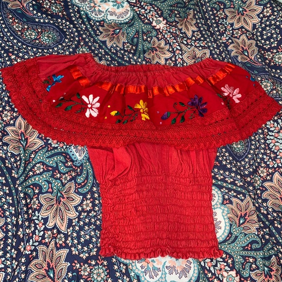 Off Shoulder Mexican Embroidered Floral Blouse - Picture 1 of 3